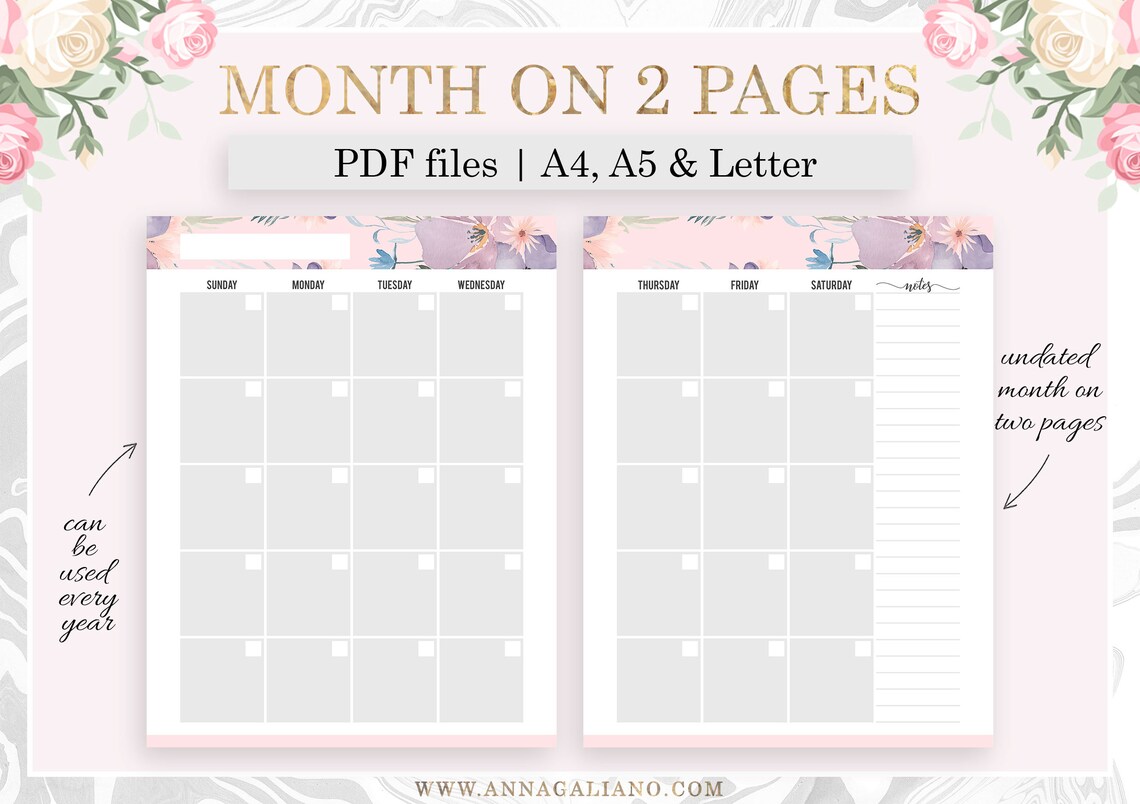 Monthly Planner Printable, Month on Two Pages, MO2P, Monthly Inserts ...