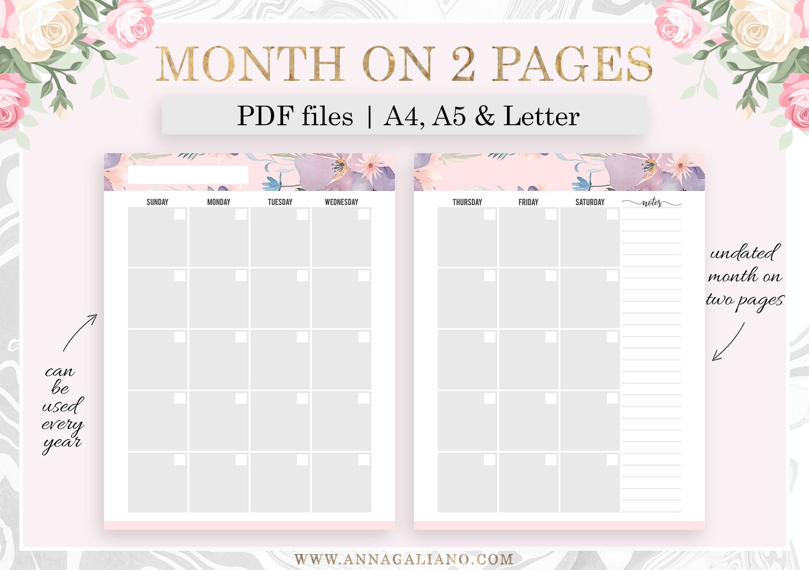 Monthly Planner Printable, Month on Two Pages, MO2P, Monthly Inserts ...