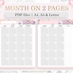 Monthly Planner Printable, Month on Two Pages, MO2P, Monthly Inserts ...
