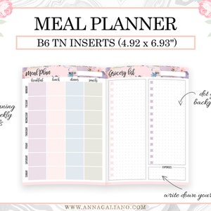 B6 TN Inserts, Printable Travelers Notebook Inserts, Weekly Meal ...
