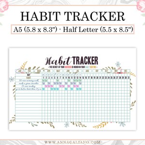 May include: A habit tracker with floral accents. The text "Habit Tracker" is at the top, with the dimensions A5 (5.8 x 8.3") and Half Letter (5.5 x 8.5") below. The tracker includes space for daily habits and a monthly calendar.