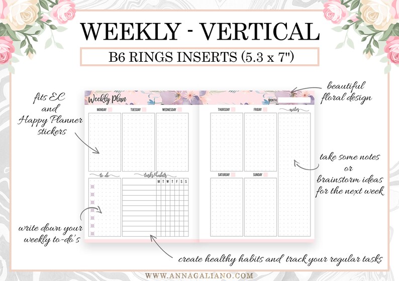 Weekly B6 RINGS Inserts, Vertical Week on 2 Pages, Undated WO2P ...