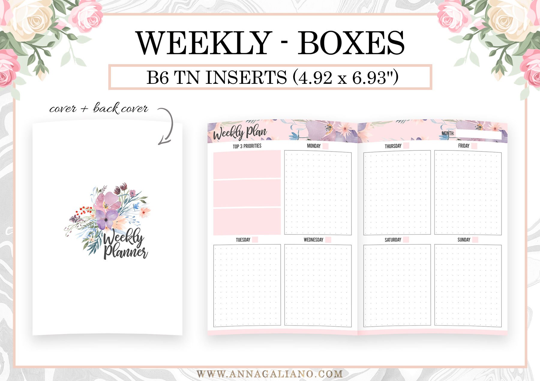 Weekly B6 TN Inserts, Vertical Box Week on 2 Pages, Undated WO2P ...