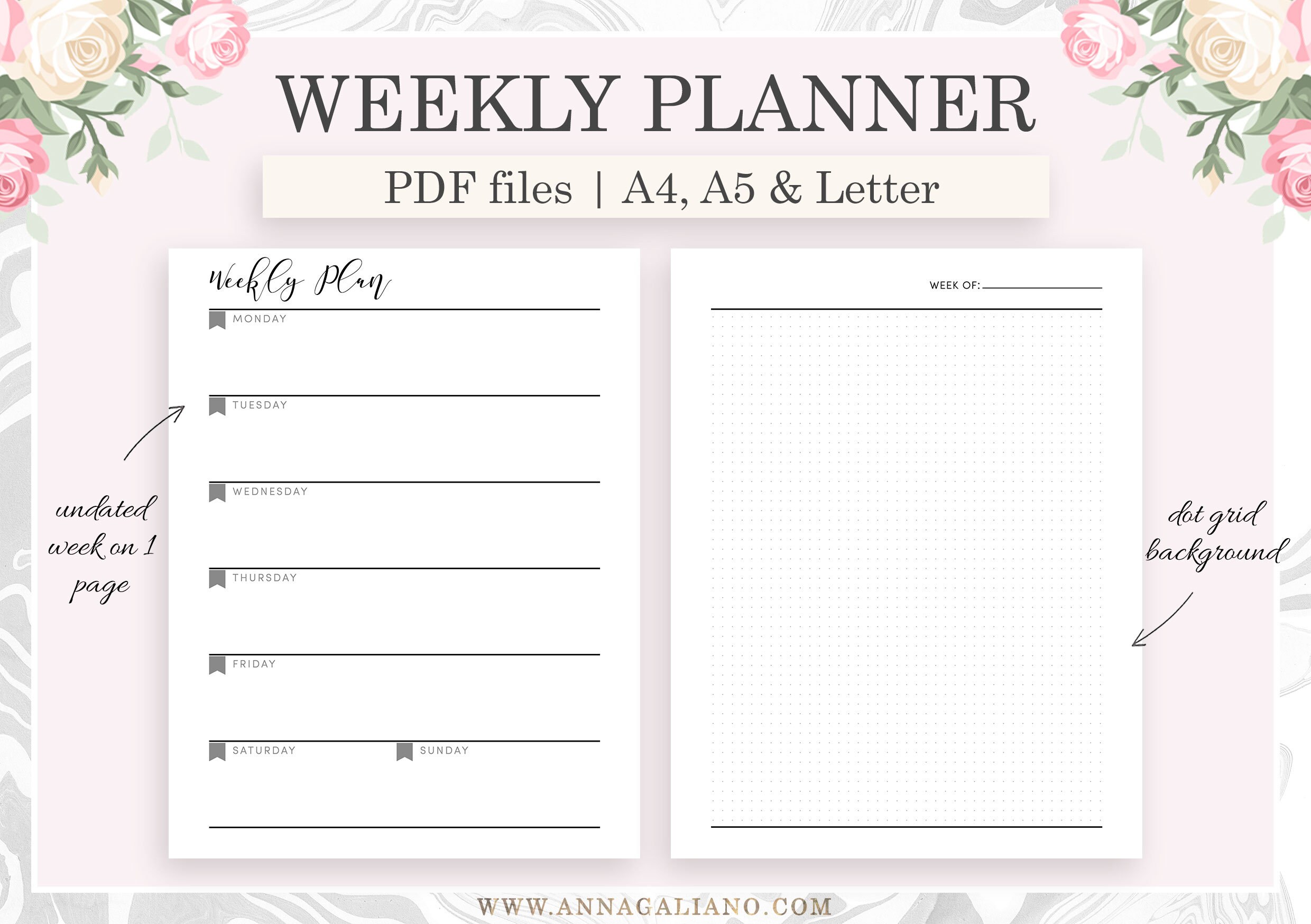 Weekly Planner Printable, Weekly Inserts, Undated Weekly Pages, Week on One Page, WO1P, A5 ...