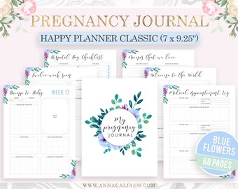 Zwangerschap Journal Afdrukbaar, Happy Planner Inserts, Zwangerschap Planner, Mama als cadeau, Baby Boy, Aquarel Blauwe Bloemen, Mambi Classic