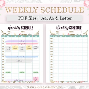 May include: A digital weekly schedule template with a floral design. The template includes two pages, one filled in with example activities and the other blank. The text "WEEKLY SCHEDULE" is at the top, with options for PDF files in A4, A5, and Letter sizes.