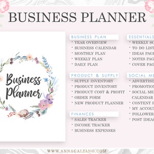 May include: A floral wreath with the text "Business Planner" in the center. The image also includes a list of business planning topics, such as "Business Plan", "Product & Supply", "Finances", "Essentials", and "Social Media Kit".