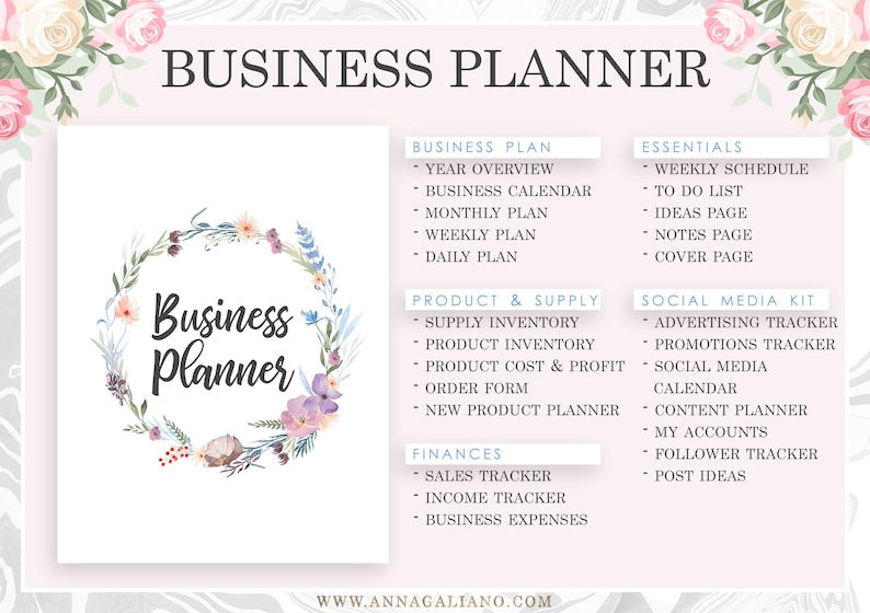 May include: A floral wreath with the text "Business Planner" in the center. The image also includes a list of business planning topics, such as "Business Plan", "Product & Supply", "Finances", "Essentials", and "Social Media Kit".