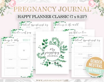 Happy Planner Inserts Printable, Zwangerschapsdagboek, Zwangerschapsplanner, Mama als cadeau, Genderneutraal, Aquarel Botanische Bladeren, Mambi