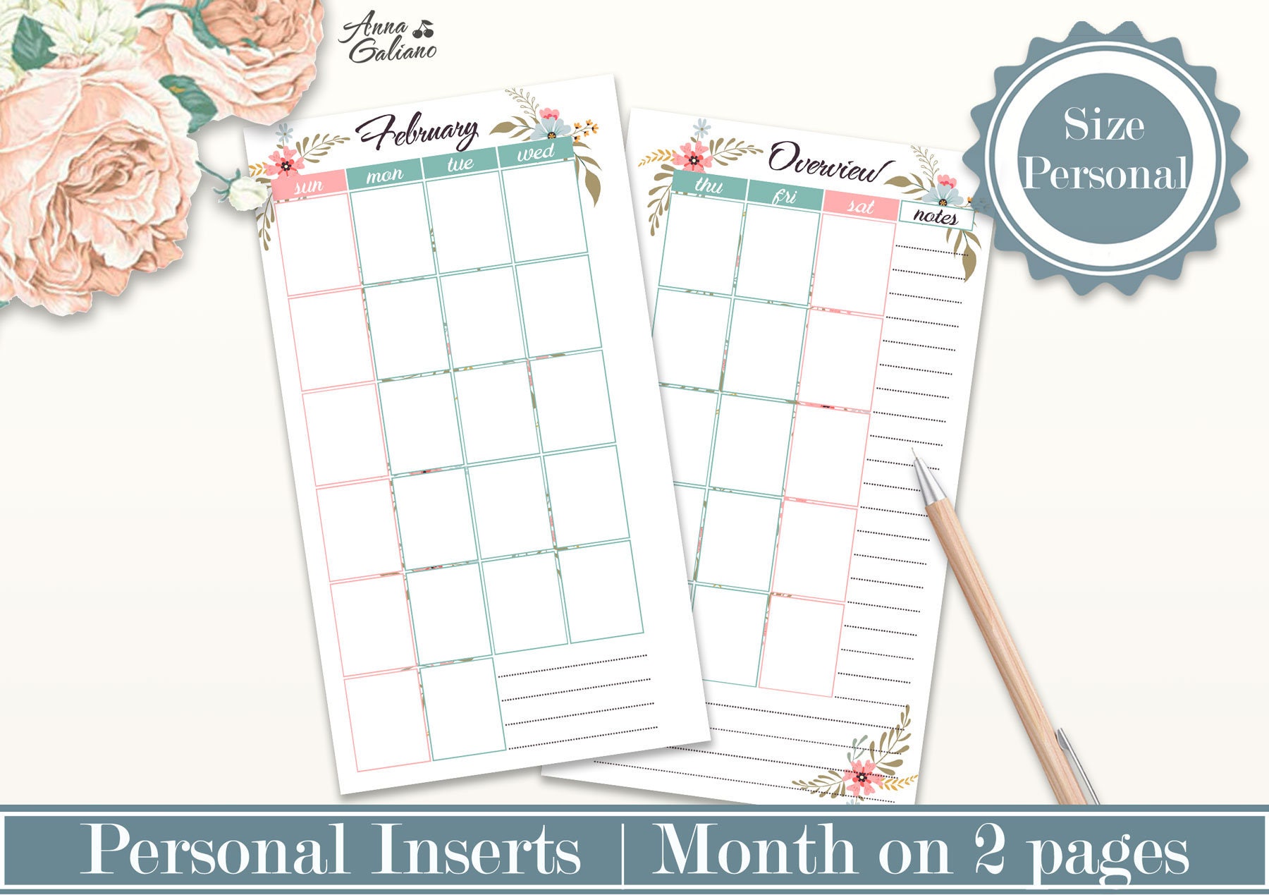 Month on Two Pages, Personal Planner Inserts, MO2P, Undated Monthly Planner, Planner Inserts ...