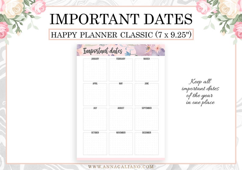 May include: A white Happy Planner Classic with floral accents, labeled "Important Dates." The planner measures 7 x 9.25 inches and features a monthly calendar layout. Text reads "Keep all important dates of the year in one place."