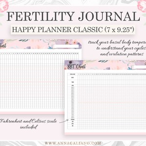 Op de afbeelding: Een vruchtbaarheidsdagboek met een bloemenontwerp. Het dagboek is getiteld "Fertility Journal" en "Happy Planner Classic (17.78 x 23.5 cm)". Het bevat BBT-grafieken om de basale lichaamstemperatuur, cycli en ovulatiepatronen bij te houden. Fahrenheit- en Celsius-schalen zijn inbegrepen.