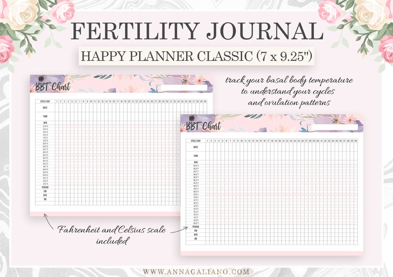 Op de afbeelding: Een vruchtbaarheidsdagboek met een bloemenontwerp. Het dagboek is getiteld "Fertility Journal" en "Happy Planner Classic (17.78 x 23.5 cm)". Het bevat BBT-grafieken om de basale lichaamstemperatuur, cycli en ovulatiepatronen bij te houden. Fahrenheit- en Celsius-schalen zijn inbegrepen.