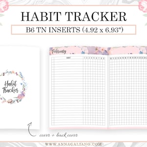May include: A white habit tracker insert with floral accents. The cover features a floral wreath and the words "Habit Tracker." The open pages display a habit tracking grid for February. The insert measures 12.5 x 17.6 cm.