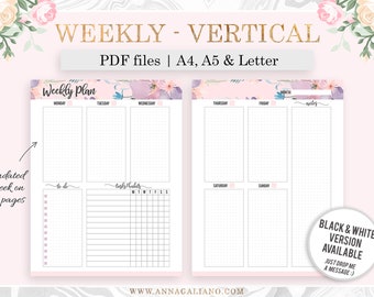 Weekly Planner Printable, Week on two pages, A5 Planner Inserts, Weekly Vertical, Bujo Printables, WO2P, A5 Filofax Refill, A4, Letter