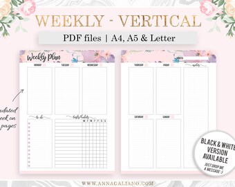 Weekly Planner Printable, Week on two pages, A5 Planner Inserts, Weekly Vertical, Bujo Printables, WO2P, A5 Filofax Refill, A4, Letter