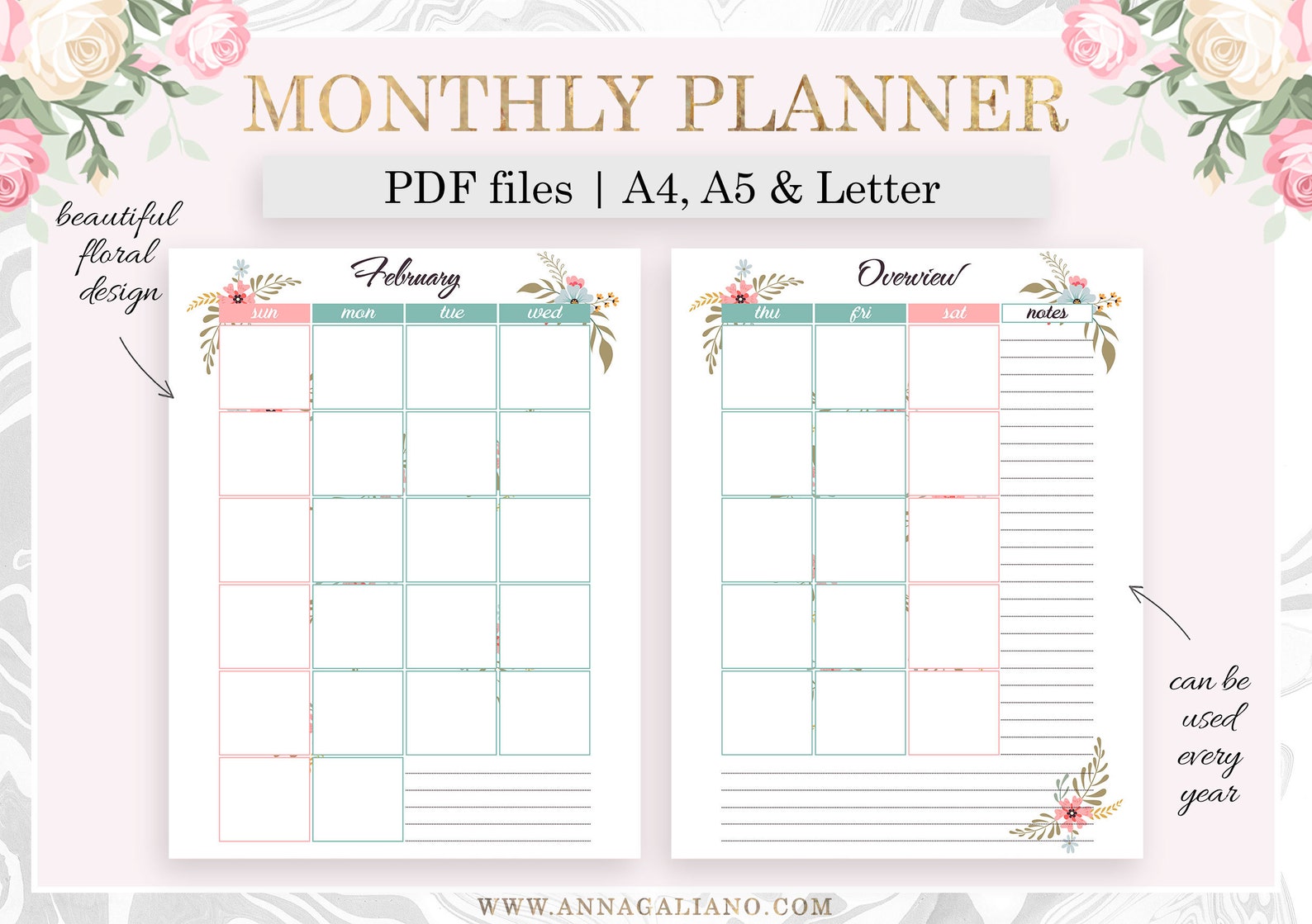 Monthly Planner Printable Month on two Pages A5 Planner | Etsy