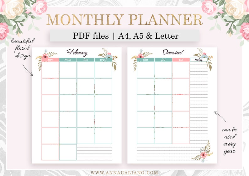 Monthly Planner Printable Month on two Pages A5 Planner | Etsy