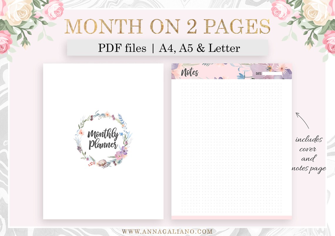 Monthly Planner Printable, Month on Two Pages, MO2P, Monthly Inserts ...