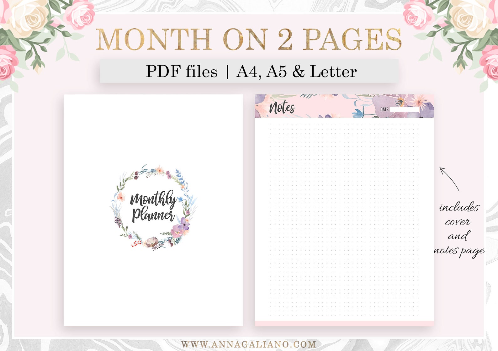 Monthly Planner Printable, Month on Two Pages, MO2P, Monthly Inserts ...