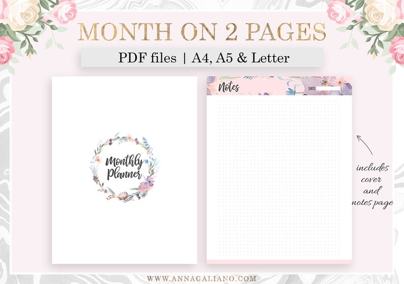 Monthly Planner Printable, Month on Two Pages, MO2P, Monthly Inserts ...