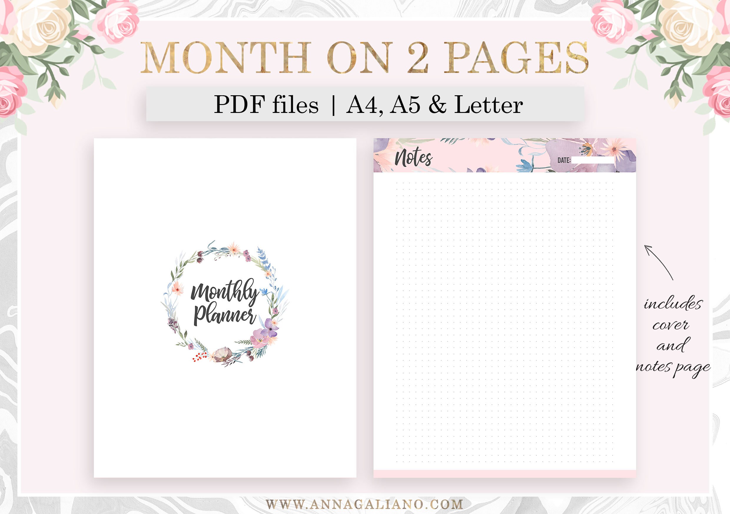 Monthly Planner Printable, Month on Two Pages, MO2P, Monthly Inserts ...