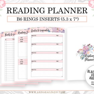 Puede incluir: Un planificador de lectura blanco con detalles en rosa e ilustraciones florales. El planificador incluye secciones para notas, títulos de libros y citas. Los insertos B6 miden 13,5 x 17,8 cm. El texto "Reading Planner" se muestra de forma destacada.
