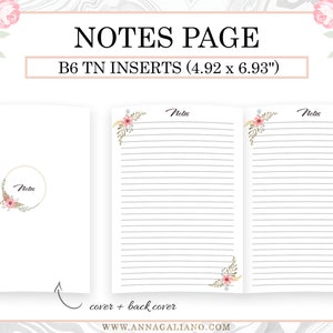 May include: White B6 TN inserts with lined pages for notes. The cover features a floral wreath design with the word "Notes". The inserts measure 4.92 x 6.93 inches. The open pages have floral corner accents and the word "Notes" at the top.