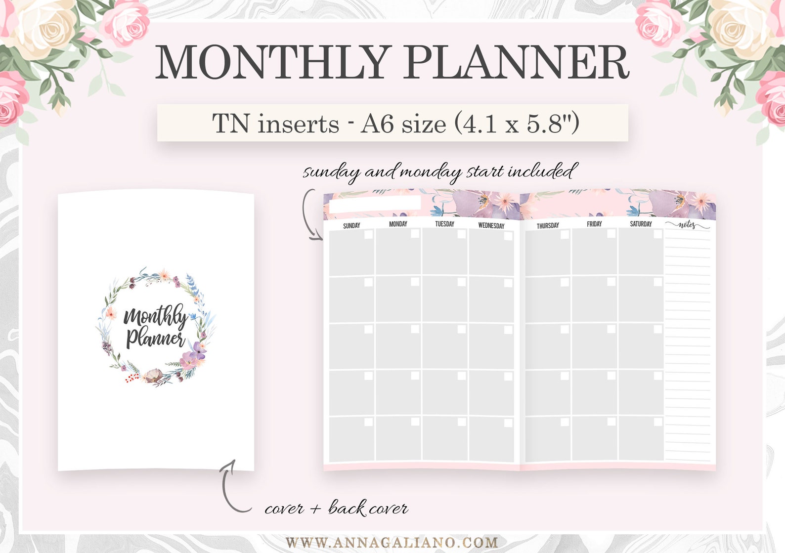 A6 Inserts TN Printable, Monthly Planner, Month on 2 Pages, Printable ...