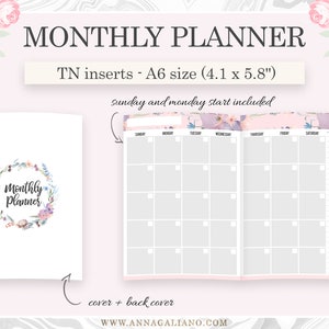 A6 Inserts TN Printable, Monthly Planner, Month on 2 Pages, Printable Travelers Notebook Inserts, A6 Calendar, MO2P Calendar Foxy Fix No.3