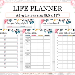 May include: A printable life planner in A4 and letter size (8.5 x 11 inches) with floral accents. The planner includes sections for a bucket list, this year's highlights, a vision board, a life plan, and a 5-year action plan.