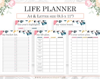 5-year Life Planner Printable, New Year Resolutions, Highlights, Goal Planner, Vision Board, Bucket List, Life Plan, Me Planner, A4, Letter