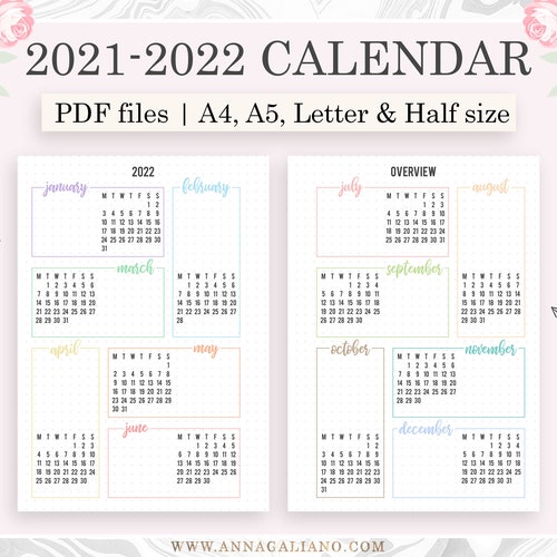 2021 2022 calendar printable year at a glance a5 planner etsy