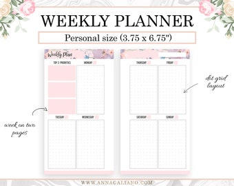 Personal Weekly Planner Insert Printable, Undated Week on two pages, WO2P, Personal Planner Inserts, Filofax Personal, Kikki K Medium Refill