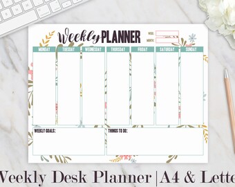 Weekly Planner Printable, Weekly Desk Planner, Weekly Planner Pad, Agenda, Student Planner, Daily Schedule, Floral Weekly Planner, A4 Letter