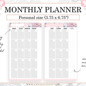 Month on two pages, Personal Planner Inserts, MO2P, Undated Monthly Planner, Planner Inserts Personal, Printable Calendar, Filofax Inserts