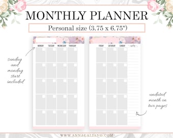 Month on two pages, Personal Planner Inserts, MO2P, Undated Monthly Planner, Planner Inserts Personal, Printable Calendar, Filofax Inserts
