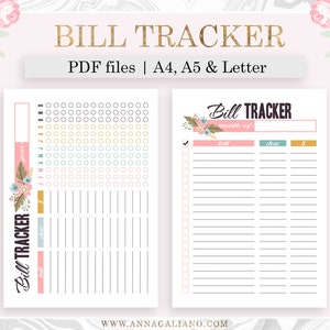 Bill Tracker Printable, Bill Checklist, Monthly Bill payment checklist, Bill Organizer, Bill Planner, Finance Planner, A4, A5 filofax Letter