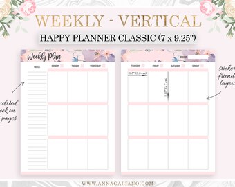 Planificador vertical semanal imprimible, Happy Planner Inserts imprimible, Semana en dos páginas, Bujo, WO2P, Dot Grid, Happy Planner, Mambi classic