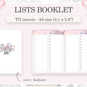 May include: A floral-themed list booklet with a white cover and the word "Lists" in a floral wreath. The booklet is open to show three pages with dotted grid lines and a floral pattern on the back cover. The booklet is designed for use with a traveler's notebook and measures 4.1 inches by 5.8 inches.
