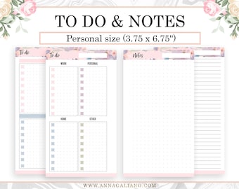 May include: Printable to-do list and notes pages in a personal size of 3.75 inches by 6.75 inches. The pages feature a floral design with pink, purple, and gray accents. The to-do list has sections for work, personal, home, and other. The notes page has a dotted grid and lined sections.
