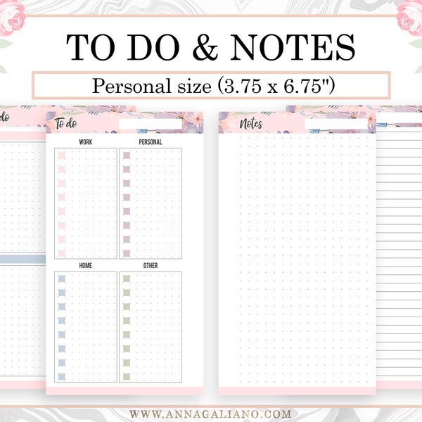 Personal Ring Planner, To do List Printable, Notes pages, Dot grid Paper, Lined Paper, Planner Inserts, Filofax Personal, Kikki k Medium
