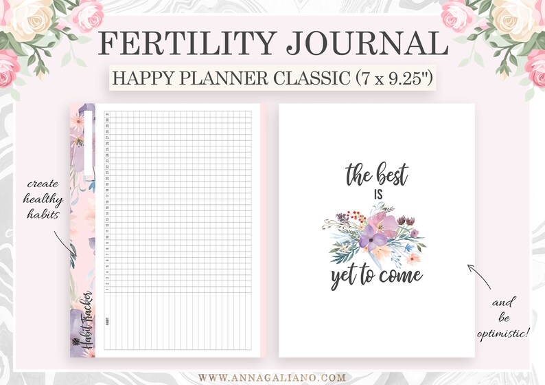 Op de afbeelding: Een vruchtbaarheidsdagboek met een bloemenontwerp. Het dagboek is een Happy Planner Classic, met een afmeting van 17,78 cm x 23,5 cm. De linkerpagina heeft een gewoontetracker en de rechterpagina heeft de tekst "the best is yet to come" met bloemaccenten.