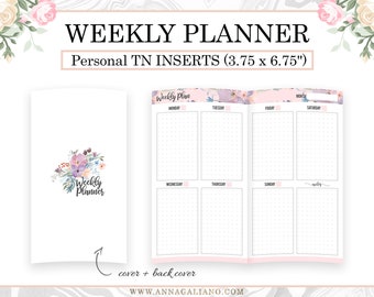May include: A weekly planner insert with a floral design. The cover features a watercolor flower bouquet and the text "Weekly Planner." The open planner shows a two-page spread with sections for each day of the week. The insert measures 3.75 x 6.75 inches.