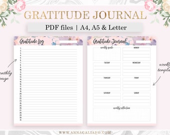Gratitude Journal Printable, A5 Planner Inserts Printable, One Line a Day, Gratitude Log, Bullet Journal, A4, Letter, A5 Filofax, PDF