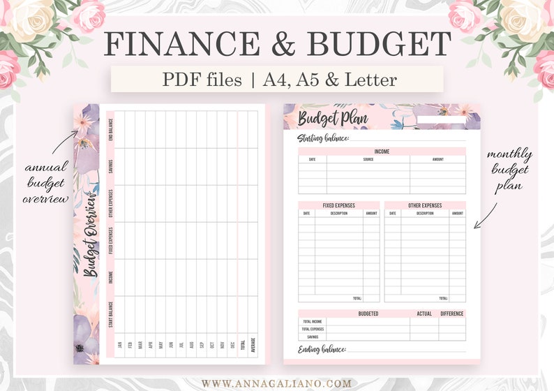 May include: Printable budget planner with floral design. Includes an annual budget overview and a monthly budget plan with sections for income, fixed expenses, and other expenses.  PDF files available in A4, A5, and Letter sizes.