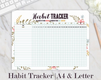 Habit Tracker Printable, Daily Habits Planner, Monthly Habits, Bullet Journal, Daily Routine Checklist, Goals, Productivity Floral A4 Letter