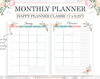 Monthly Inserts Undated, Month on two Pages, MO2P, Undated Monthly Planner, Classic Happy Planner Inserts Printable, Printable Mambi Inserts