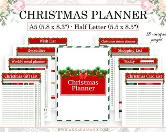 Op de afbeelding: Een kerstplanner met pagina's voor verlanglijstjes, cadeau-lijsten en maaltijdplanning. De planner is A5-formaat (14,7 x 21,1 cm) en Half Letter (14 x 21,6 cm). De omslag heeft een rode banner met de tekst "Christmas Planner".