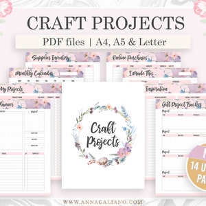 May include: A set of 14 printable pages for craft project planning. The pages include a supply inventory, monthly calendar, project planner, online purchase tracker, "I Made This" log, inspiration log, and gift project tracker. The pages feature a floral design with a pink and purple colour scheme.
